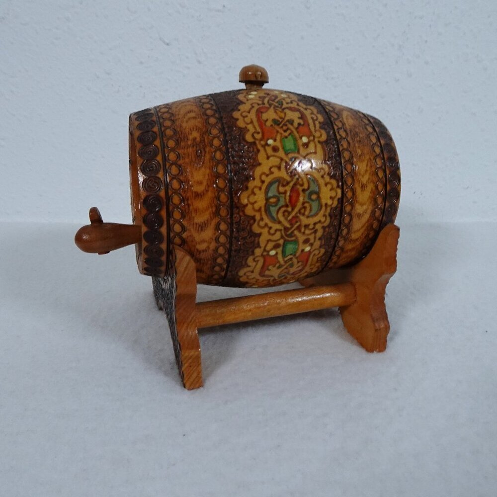 Vintage Wood Miniature Keg Decorative Handmade Beer Barrel & Stand Painted 70s
